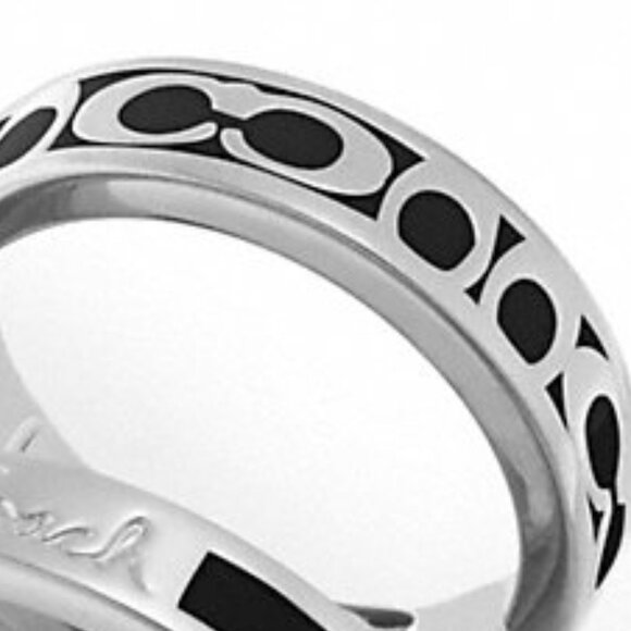 Coach Silver and Black Signature C Band Ring Size 8 - Picture 1 of 5